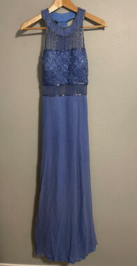 Precious Formals Dress Womens 10 Blue Silk Beaded Halter Maxi Formal Evening Y2K